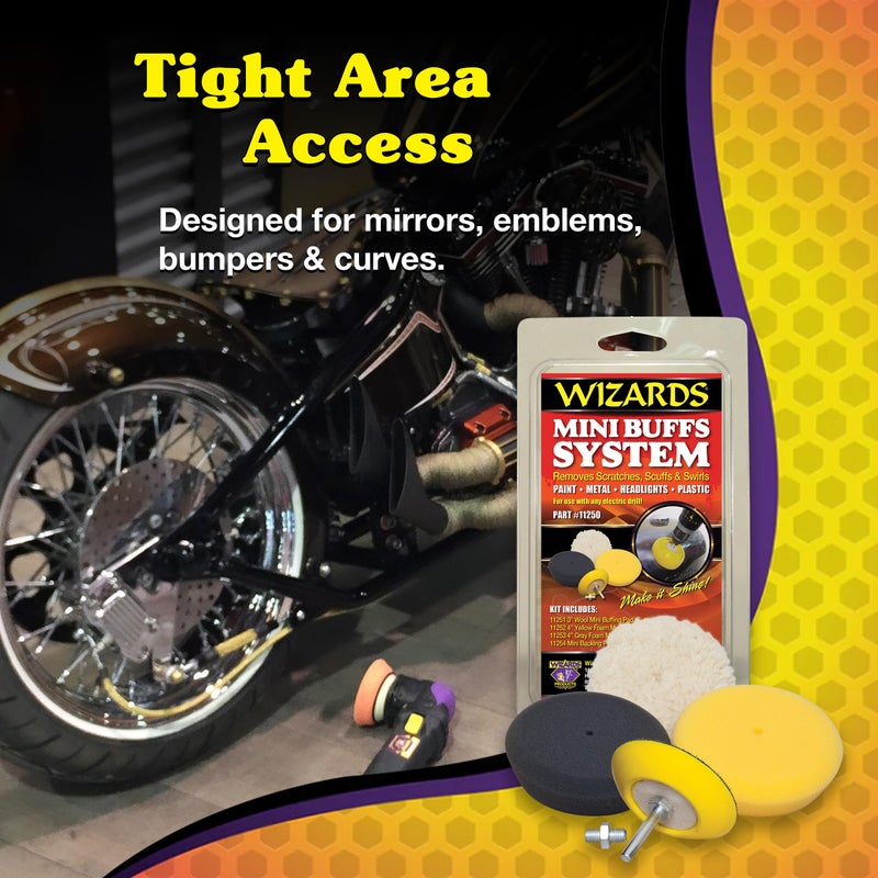 Wizards Mini Buffing System - Cuts, Polishes, Applies Wax and Removes Swirls - for All Paints and Hard Surfaces - Comes with 1/4 Shank Drill Adaptor - Auto Detailing Supplies for Beginners - Image 3